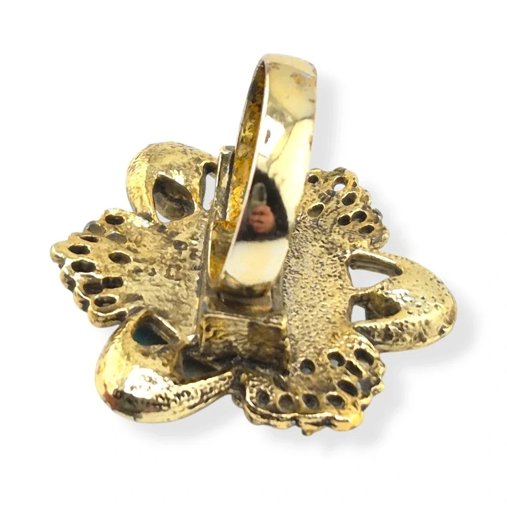 Vintage Gold Tone Adjustable Cocktail Ring Faux Turquoise Art Glass Pearl 6-11